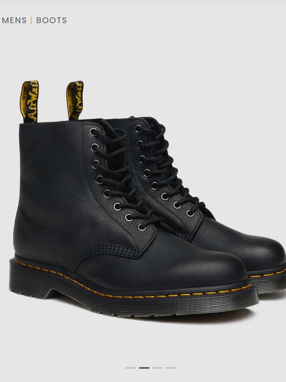 Dr. Martens 1460 Pascal Black Leather Lace-Up Boots with Yellow Stitching - Mens